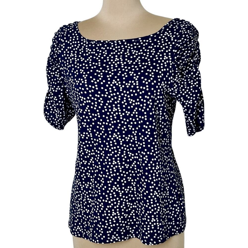Anthropologie Little Yellow Button Polka Dot Top Womens Large Navy Ruched Sleeve